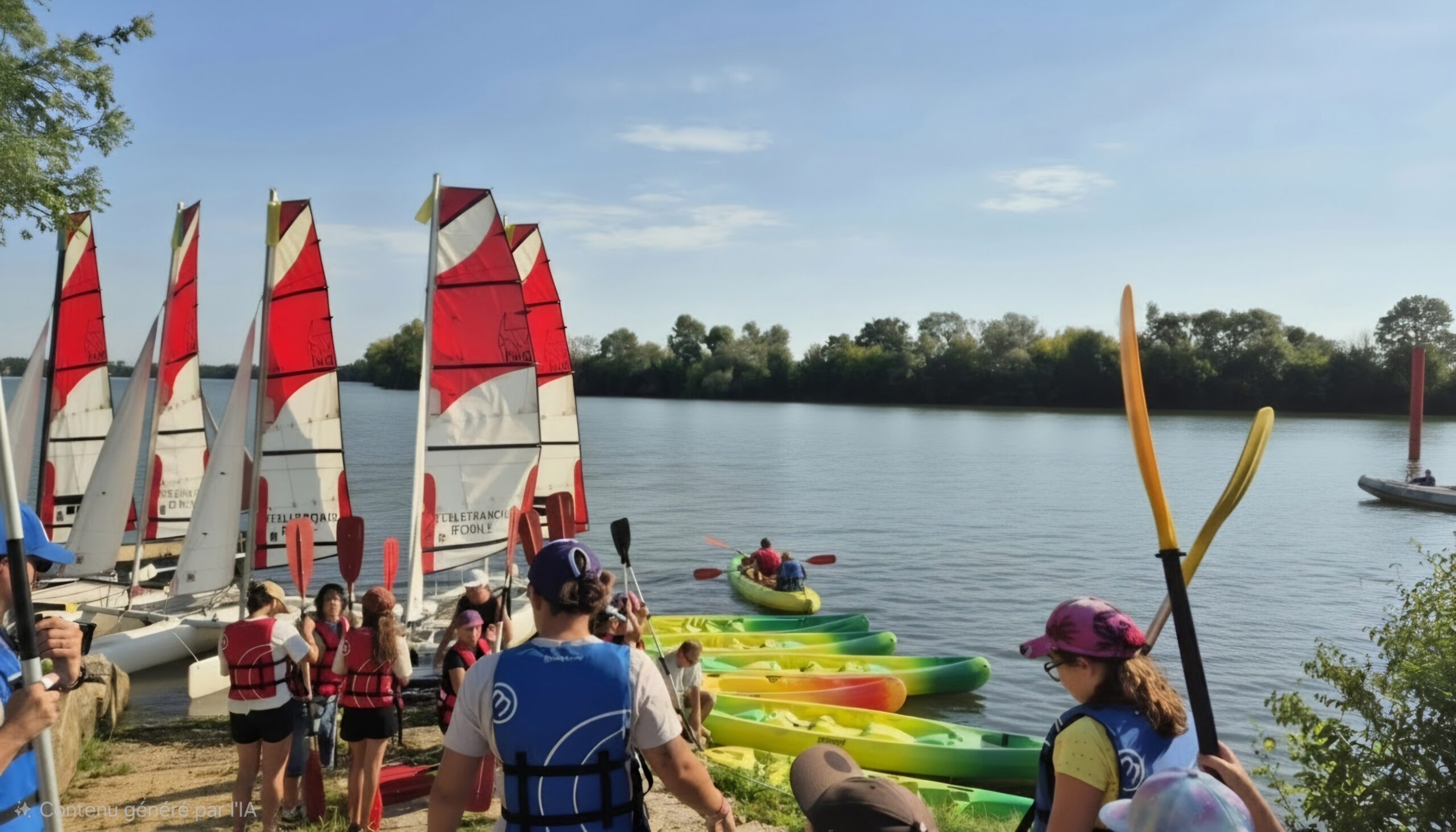 Base nautique : initiation au kayak et à la voile sur un lac Participants préparant une sortie en kayak et en catamaran sur une base nautique au bord d'un lac.