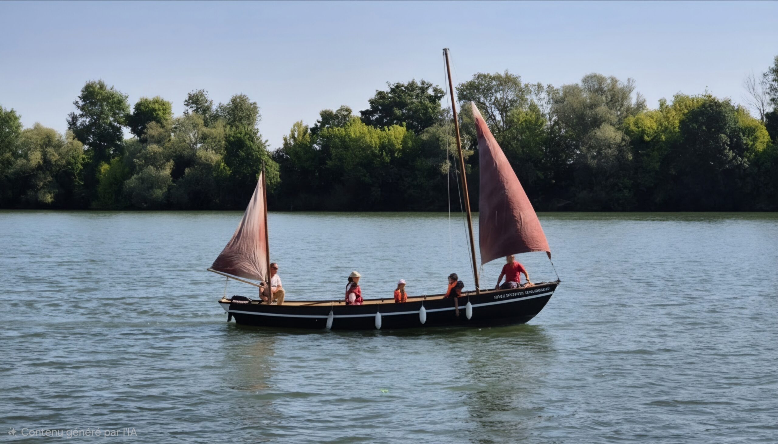 Balade en voilier traditionnel Voilier en bois à deux voiles brunes naviguant sur une rivière calme avec des passagers à bord, entouré d'une rive boisée